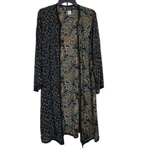 Koos Of Course Silk Kimono Duster Black Gold Teal Paisley S EUC Open Front